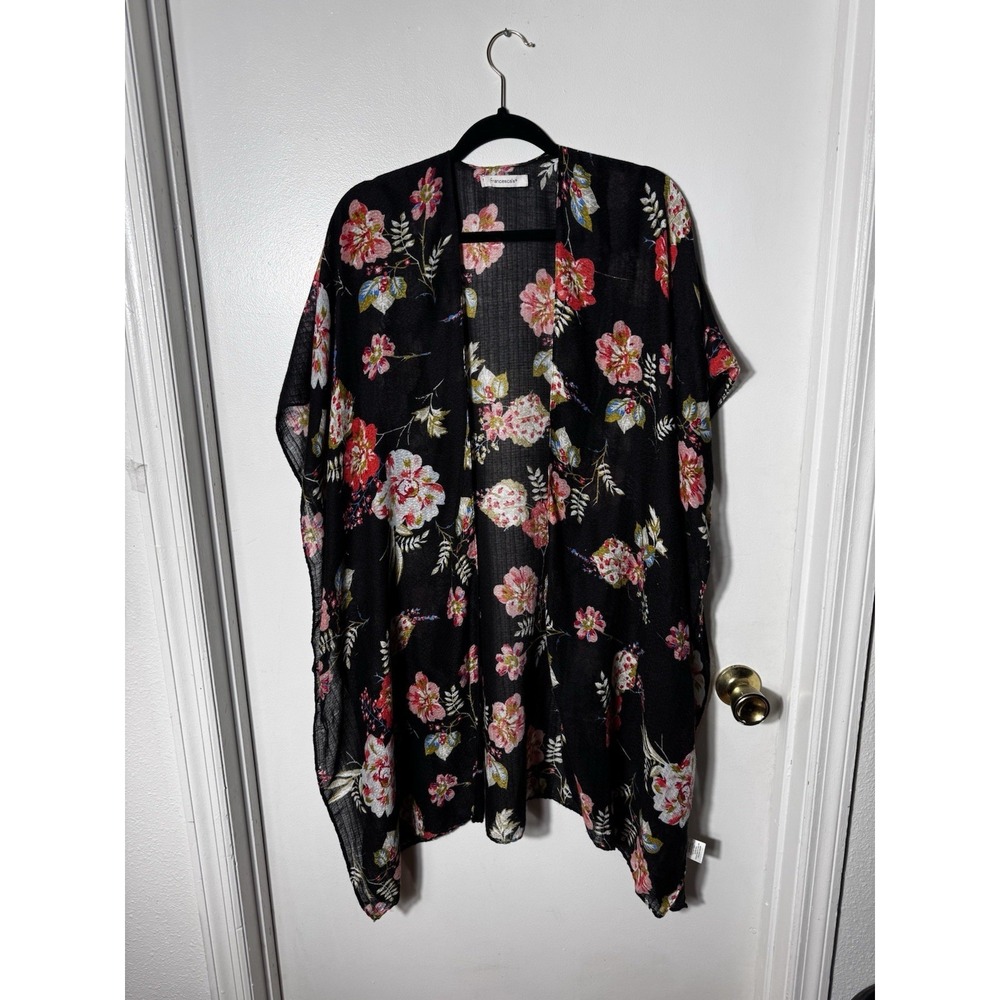 Francesca's Floral Kimono Cardigan Women Black Pink Sheer Wrap Cover Up OS Boho